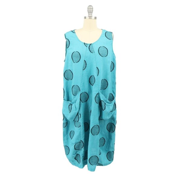 Chalet et Ceci Lantern Dress Blue Circle Linen Lagenlook Oversized Polka Dot M - Picture 1 of 5